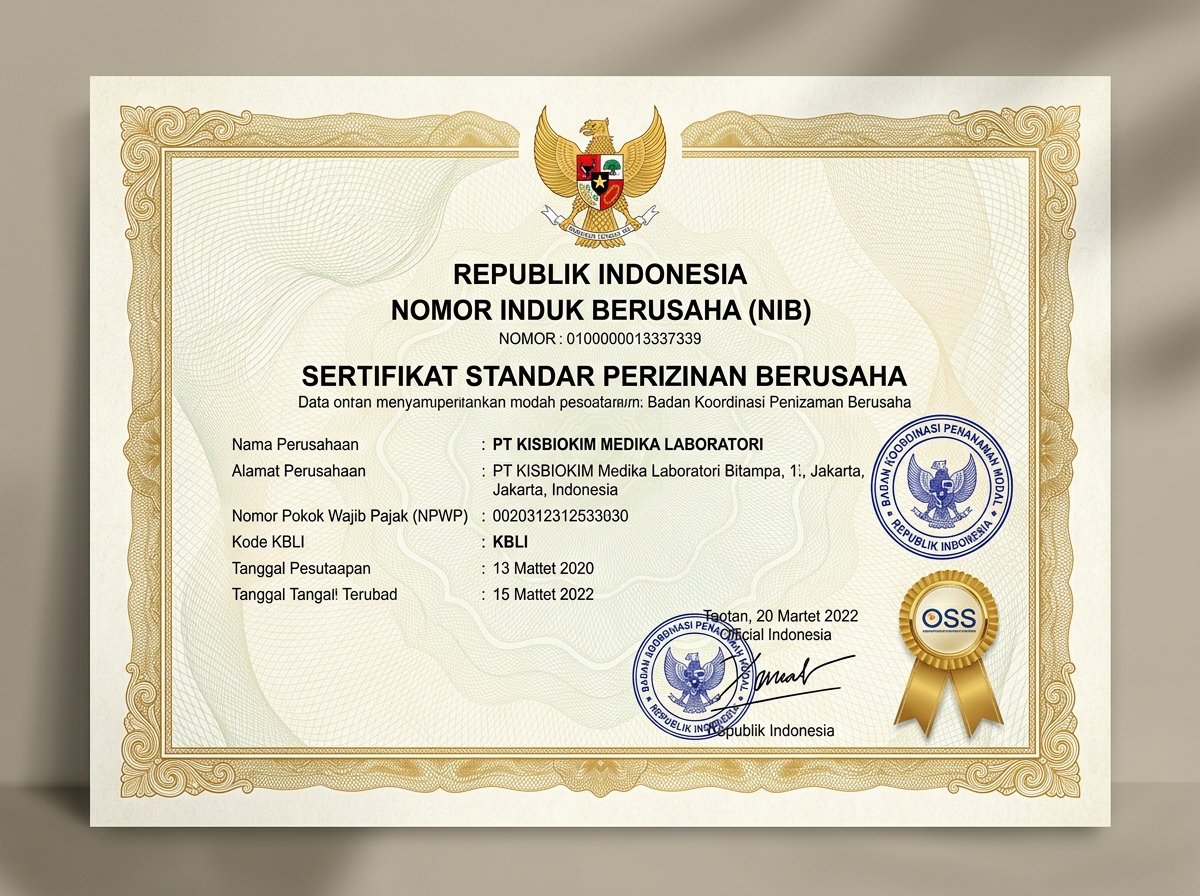 Sertifikat Legalitas Resmi NIB PT. KISBIOKIM MEDIKA LABORATORI